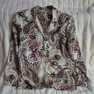 Alia Cream and Brown Paisley Blouse, Buton Up, Long Sleeves, Size 10.